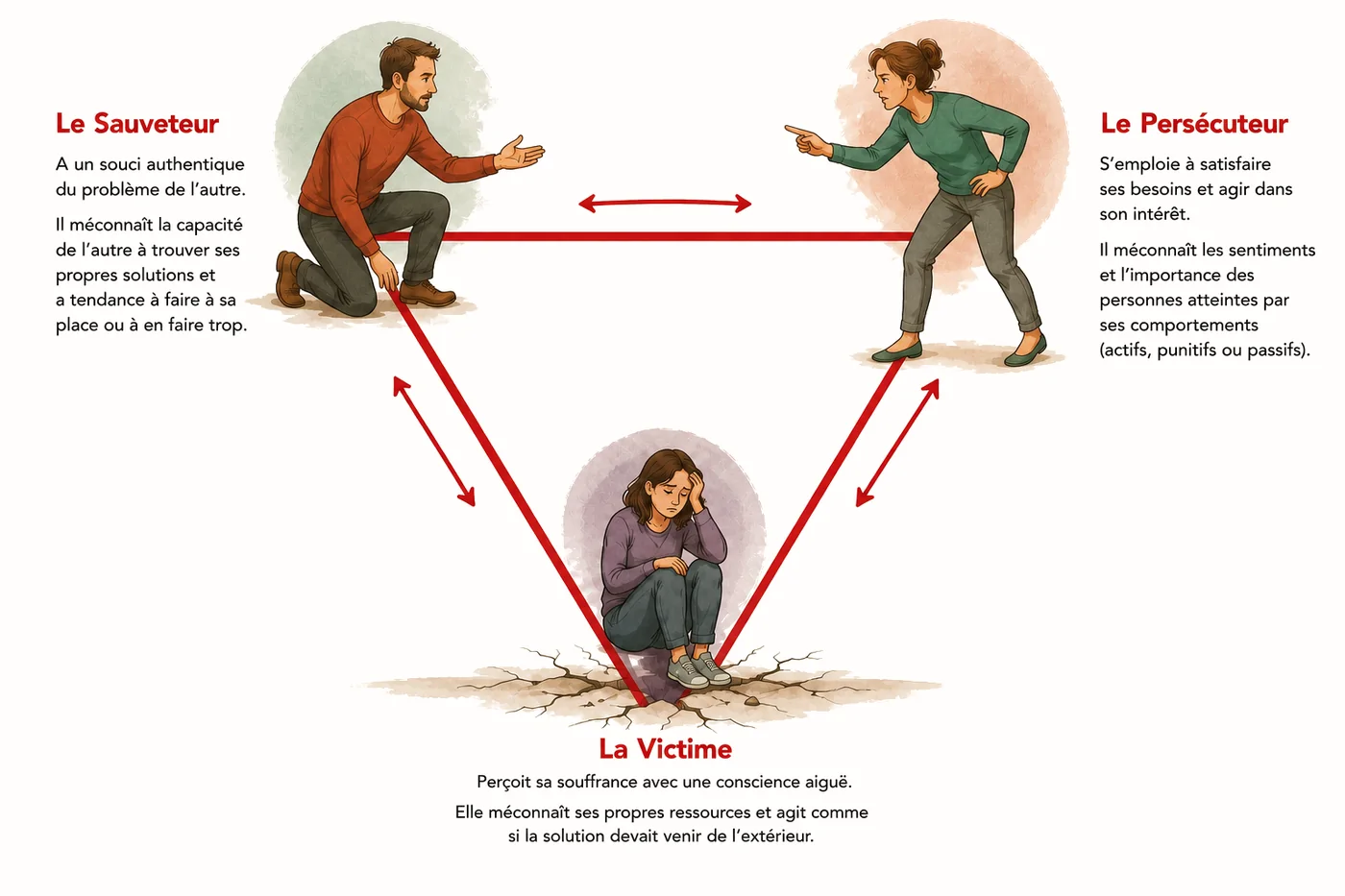 Le triangle dramatique : le Sauveteur, le Persécuteur et la Victime, avec ce que chaque rôle perçoit justement et ce qu'il méconnaît